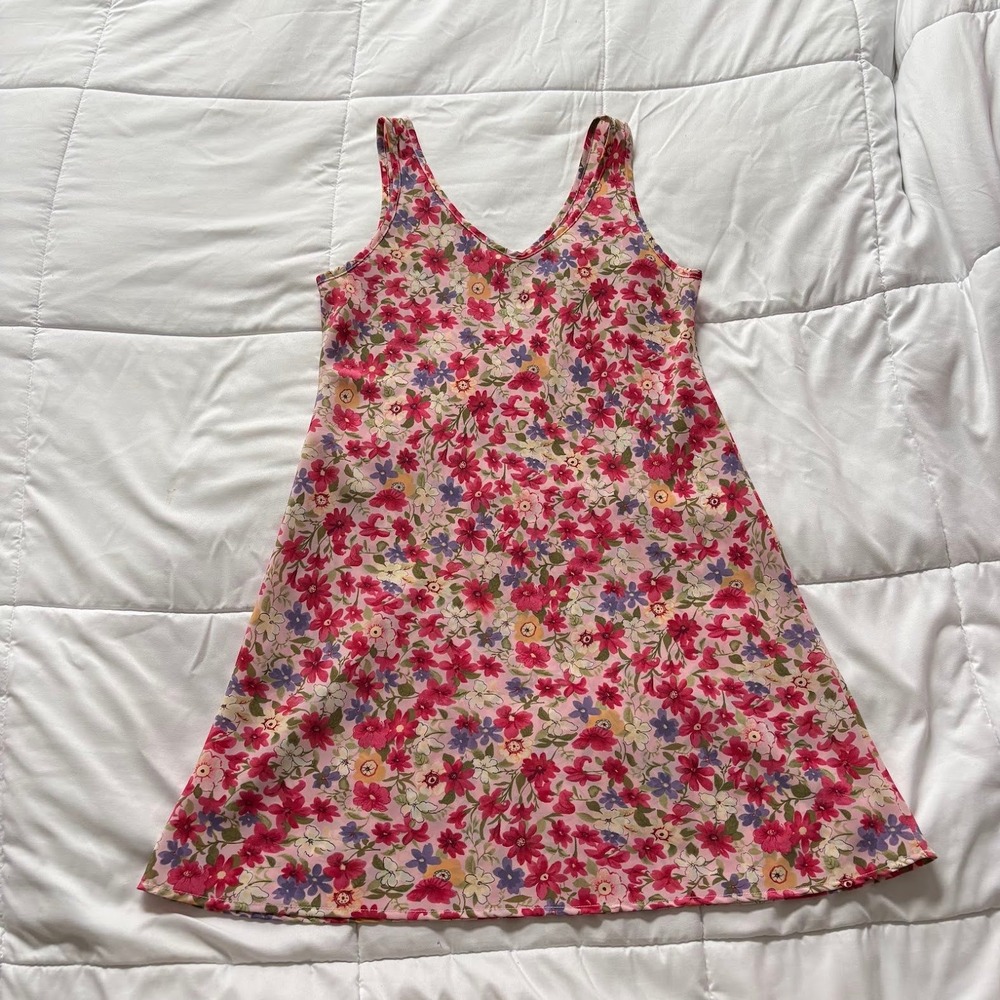 Vintage 90s Knapp Studio Mini Shift Dress Pink Floral Sleeveless V-Neck Whimsy